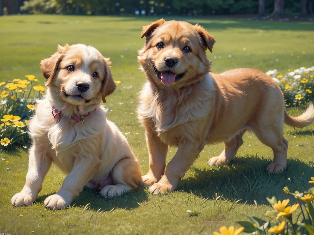 a group of adorable puppies, (best quality,4k,8k,highres,masterpiece:1.2),ultra-detailed,(realistic,photorealistic,photo-realistic:1.37),puppies playing in a grassy field, extremely detailed fur texture, cute puppy faces, big eyes, small noses, tiny pink tongues, puppies tumbling over each other, playful puppy expressions, bright sunny day, lush green grass, flowers blooming, warm golden hour lighting, vibrant colors, (soft lighting,natural lighting:1.2),depth of field, (masterpiece,intricate details:1.25),adorable puppies,cute dogs