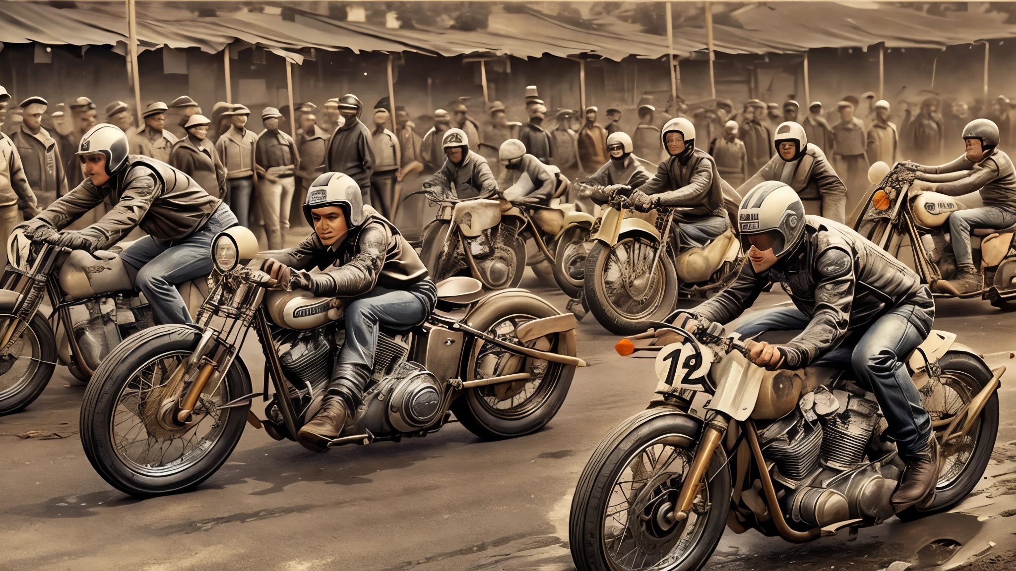 1940's era motorcycle racing, leather motorcycle helmets, checkered flag, dirt track, (early Harley Davidson motorcycles, bobber motorcycles, detailed motorcycle, detailed motor, detailed tires, proportional motorcycle frames), detailed faces, detailed riders, poster style picture, frank frazzeta style,