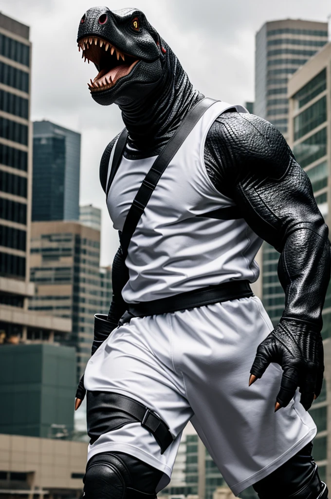 black dinosaur Wear a white ninja outfit.