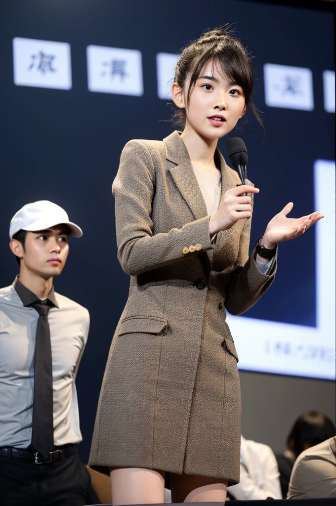 (masterpiece:1.2), (Highest quality:1.1), Ultra-high resolution, 8K, (Photo Real:1.2), (Depth of written boundary), Full-body images、Presenting in front of a large conference screen、Statistics and graphs are displayed on the screen.、A face with attention to detail, Body with attention to detail,A boring 30-year-old Japanese male office worker、Lively face、Bright Face、The presentation was a great success