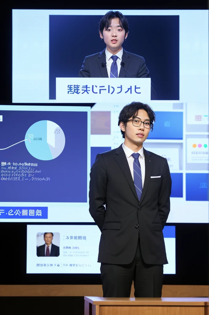 (masterpiece:1.2), (Highest quality:1.1), Ultra-high resolution, 8K, (Photo Real:1.2), (Depth of written boundary), Full-body images、Presenting in front of a large conference screen、Statistics and graphs are displayed on the screen.、A face with attention to detail, Body with attention to detail,A boring 30-year-old Japanese male office worker、Lively face、Bright Face、The presentation was a great success
