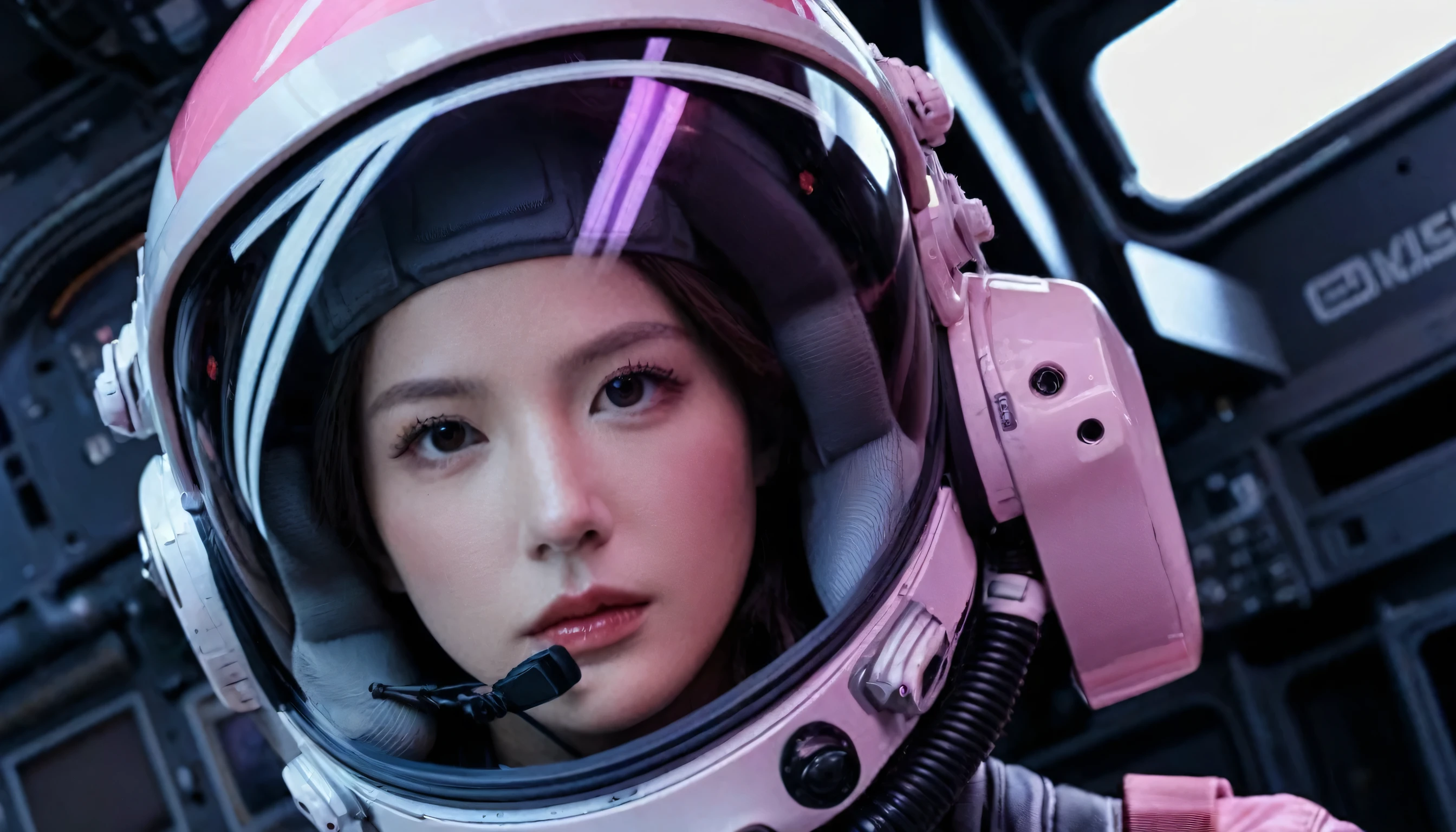 One girl, (Beautiful Face), Female fighter jet pilot, Holding a pilot pink helmet with LED interactive screen and HUD head up display on the visor, Visor-displayed targeting system, Communication Systems, Open the visor, Sexy pose, Floating Hair, Are standing, (Upper thigh shot:1.3), DT Helmets, Pink combat suit, Advanced Fighter Background, (Intricate details), High resolution, (Intricate details, Ultra-detailed:1.2), Cinematic shots, ((masterpiece, high quality, 最high quality, Official Art, Beautiful and aesthetic, Detailed face, Fine grain)),