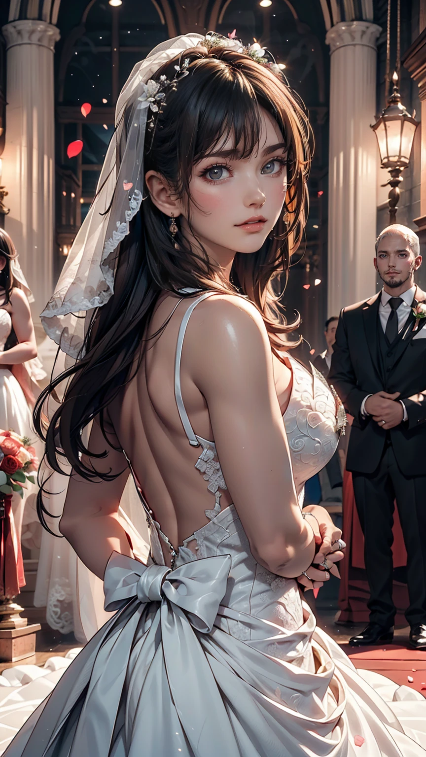 (Highest quality, High resolution, masterpiece:1.2,), figure, night, One girl, whole body, (Wedding dress), Put your arms behind your back, Wait for a kiss, View your viewers, Happy, blush,