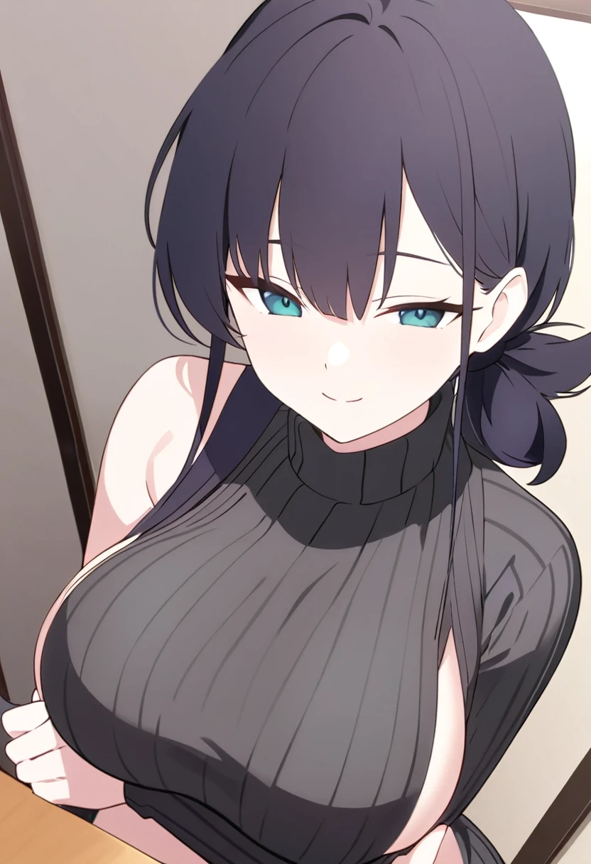 masterpiece, Highest quality, One girl, short ponytail、black hair、virgin killer sweater, (sweater dress:1.2), ribbed sweater,sideboob,cleavage cutout, turtleneck sweater,(broen sweater:1.3),(crop top navel:0.8)、sleeveless,gentle smile、Very sexy、upper body,from front,huge breasts