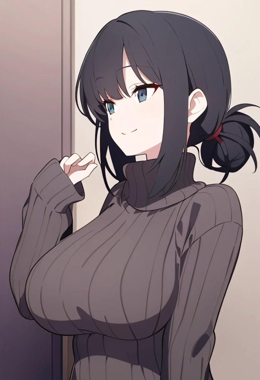 masterpiece, Highest quality, One girl, short ponytail、black hair、virgin killer sweater, (sweater dress:1.2), ribbed sweater,sideboob,cleavage cutout, turtleneck sweater,(broen sweater:1.3),(crop top navel:0.8)、sleeveless,gentle smile、Very sexy、upper body,from front,huge breasts