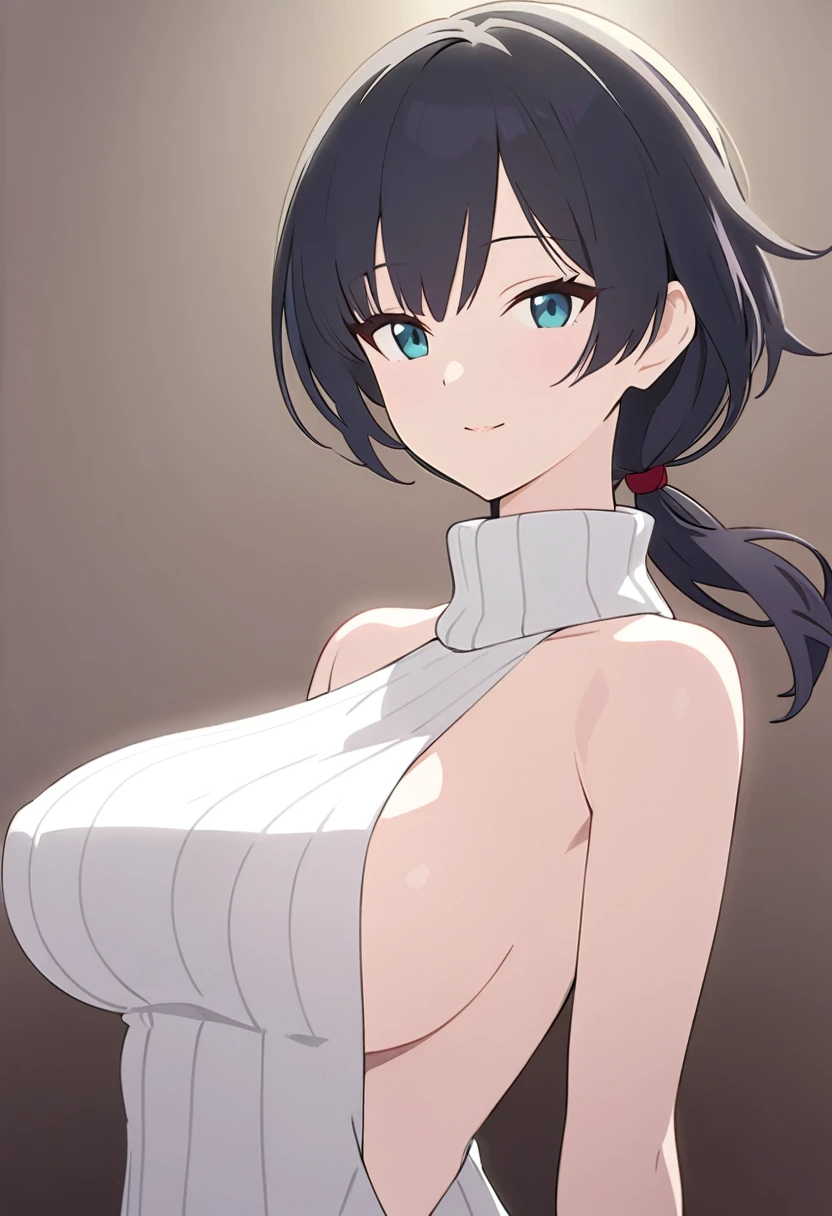 masterpiece, Highest quality, One girl, short ponytail、black hair、virgin killer sweater, (sweater dress:1.2), ribbed sweater,sideboob,cleavage cutout, turtleneck sweater,(broen sweater:1.3),(crop top navel:0.8)、sleeveless,gentle smile、Very sexy、upper body,from front,huge breasts