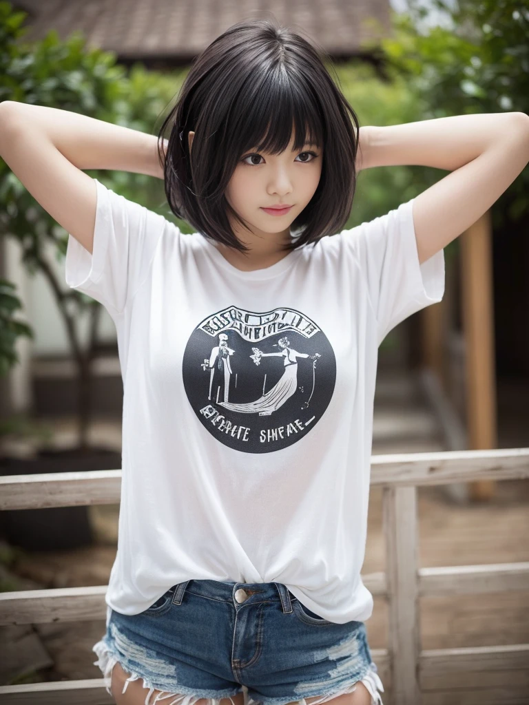 Landscape,Raise your arms,Emphasize the sides,(Highest quality, Very detailed, masterpiece:1.2), 1 women, Very thin body, length, Thin legs, ((Black wavy short layered cut hair hair:1.2)), ((Thick and fluffy bangs)), Very detailedな,((Over Size Tシャツ))