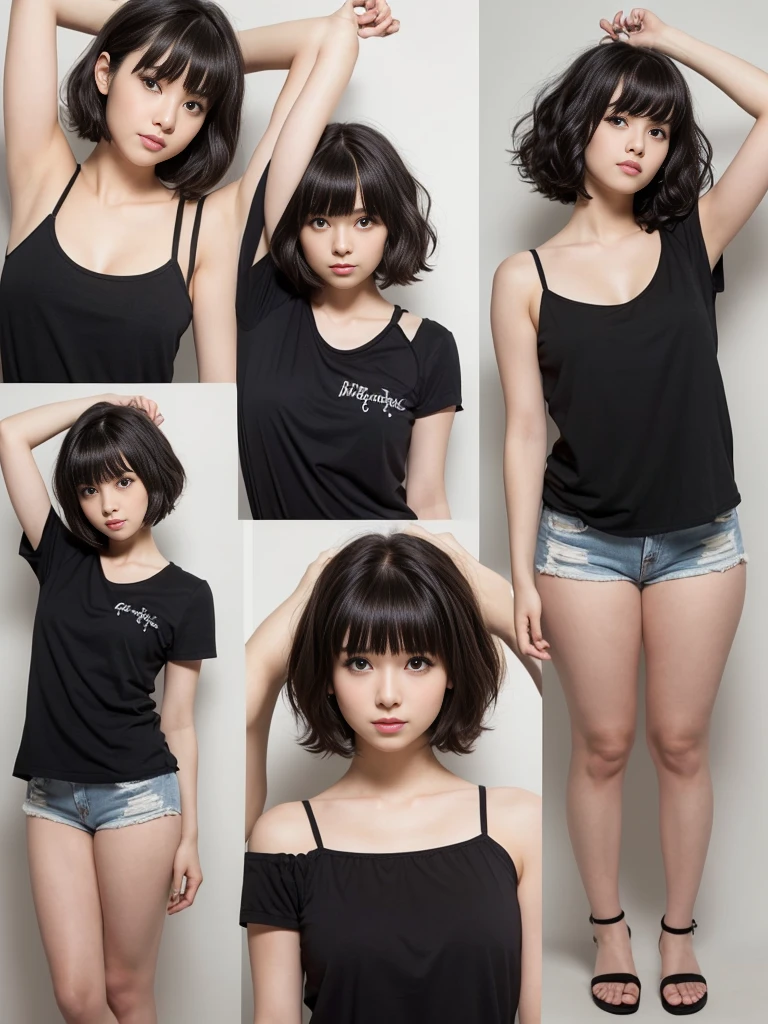 Landscape,Raise your arms,Emphasize the sides,(Highest quality, Very detailed, masterpiece:1.2), 1 women, Very thin body, length, Thin legs, ((Black wavy short layered cut hair hair:1.2)), ((Thick and fluffy bangs)), Very detailedな,((Over Size Tシャツ))