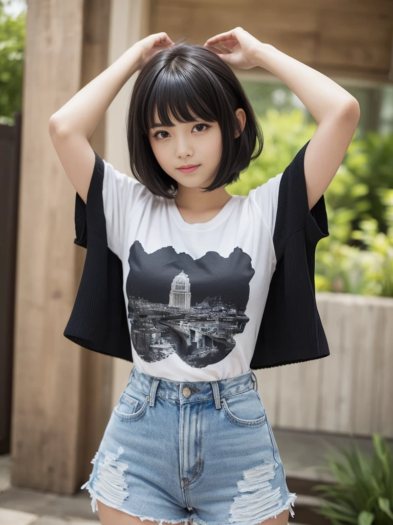 Landscape,Raise your arms,Emphasize the sides,(Highest quality, Very detailed, masterpiece:1.2), 1 women, Very thin body, length, Thin legs, ((Black wavy short layered cut hair hair:1.2)), ((Thick and fluffy bangs)), Very detailedな,((Over Size Tシャツ))
