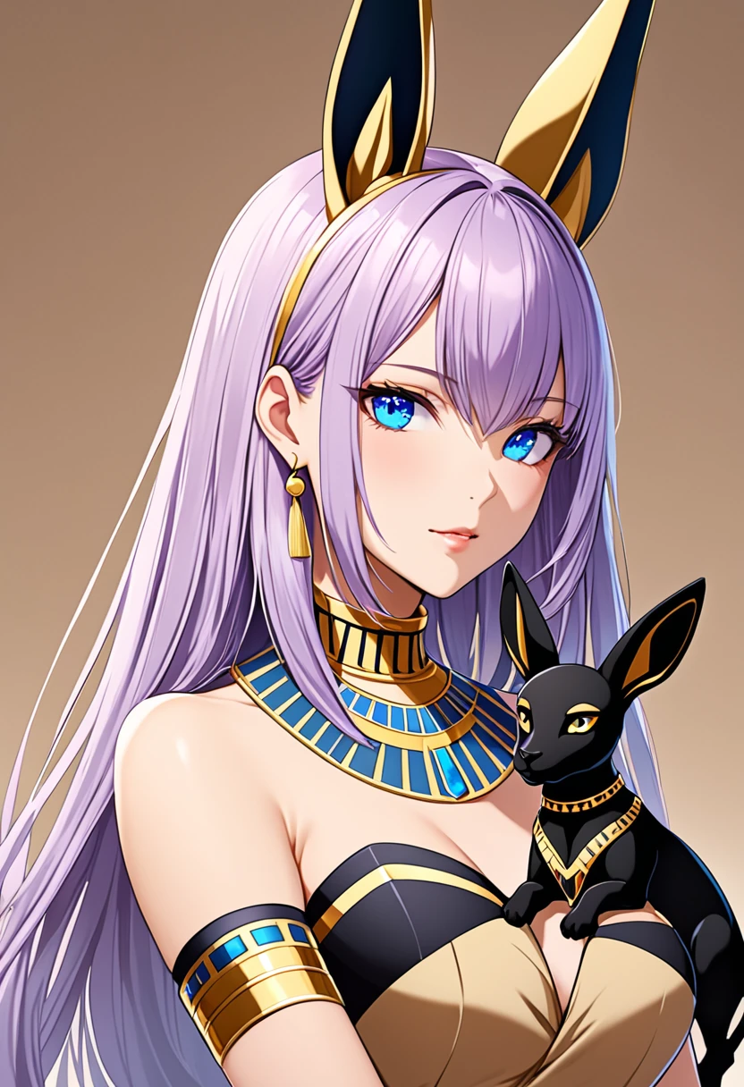 Highest quality,Light purple hair,Blue Eyes,Light brown,beautiful girl,Anubis, Bunny ears