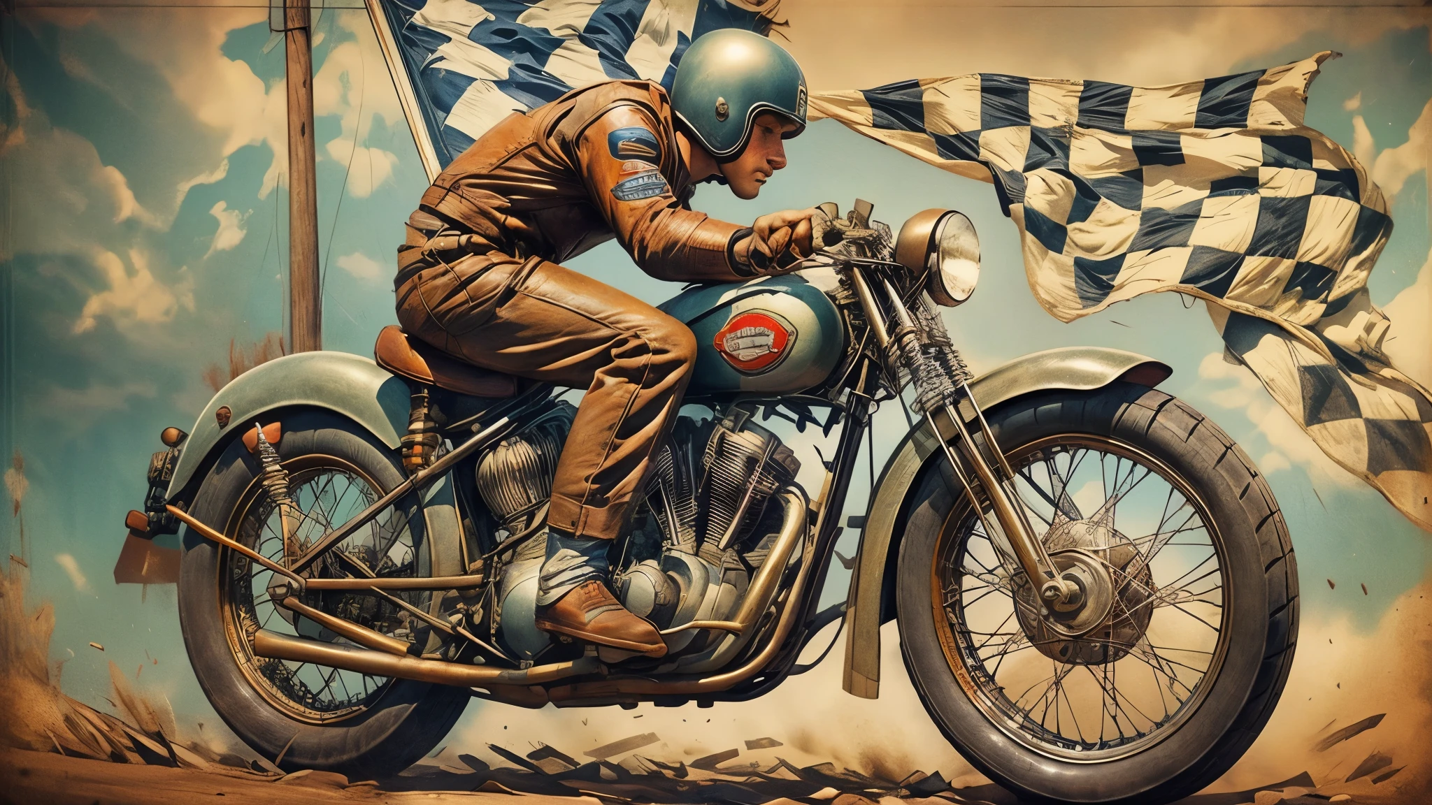 1940's era motorcycle racing, leather motorcycle helmets, checkered flag, dirt track, (early Harley Davidson motorcycles, bobber motorcycles, detailed motorcycle, detailed motor, detailed tires, proportional motorcycle frames), detailed faces, detailed riders, poster style picture, frank frazzeta style, 