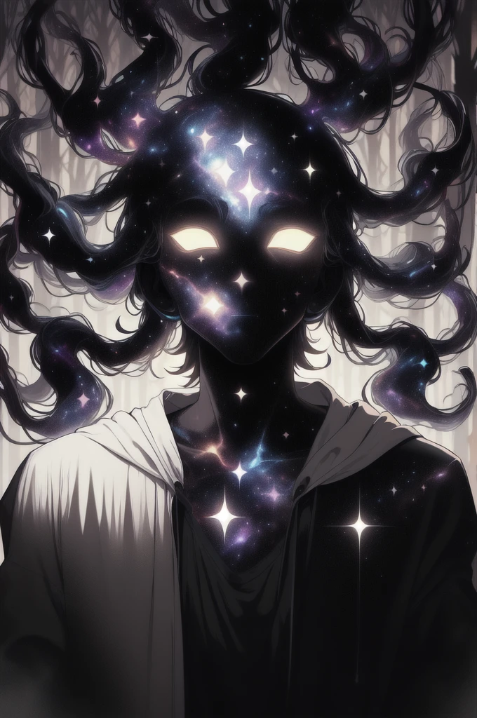 dark celestialskin body , void cosmic body, colored skin, flat color, jet black skin, white cloak, silhouette,1boy,
portrait, upper body,in a forest ,