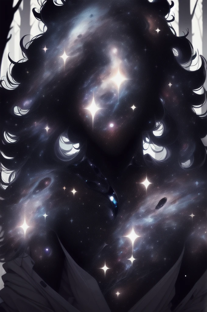 dark celestialskin body , void cosmic body, colored skin, flat color, jet black skin, white cloak, silhouette,1boy,
portrait, upper body,in a forest ,