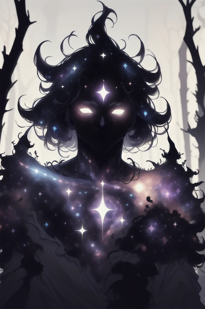 dark celestialskin body , void cosmic body, colored skin, flat color, jet black skin, white cloak, silhouette,1boy, 
portrait, upper body,in a forest ,