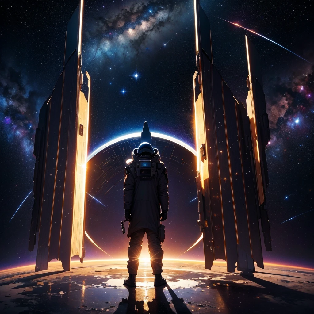 ((Masterpiece)),(Best quality)),Magnificent space image scene,heavenly body,Interstellar,Huge star gates,Spaceship,Shining starry sky,8K,super-fine,high qulity