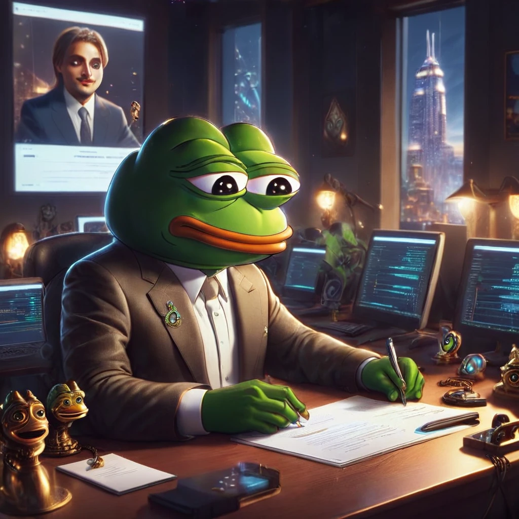 Pepe the frog, auditing a contract in solana blockchain, 1boy, frog face, sitting at desk, digital art, intricate details, cinematic lighting, warm tones, solana blockchain interface, high-quality, photorealistic, 8k, award winning digital art , ETH