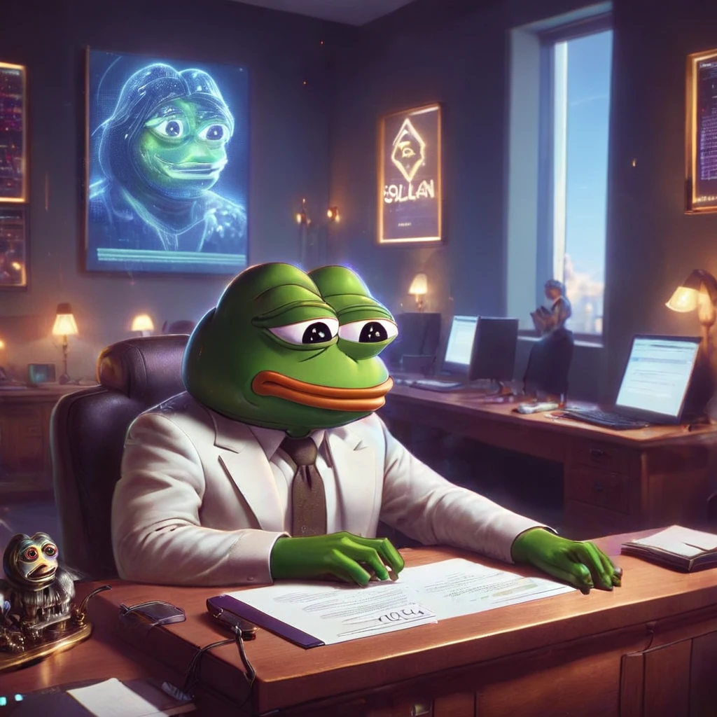 Pepe the frog, auditing a contract in solana blockchain, 1boy, frog face, sitting at desk, digital art, intricate details, cinematic lighting, warm tones, solana blockchain interface, high-quality, photorealistic, 8k, award winning digital art , ETH