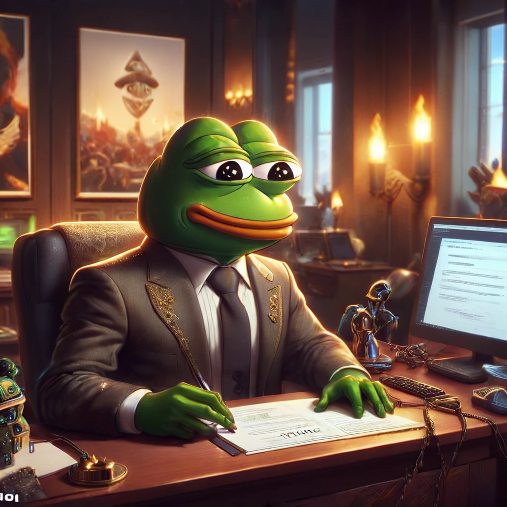 Pepe the frog, auditing a contract in solana blockchain, 1boy, frog face, sitting at desk, digital art, intricate details, cinematic lighting, warm tones, solana blockchain interface, high-quality, photorealistic, 8k, award winning digital art , ETH