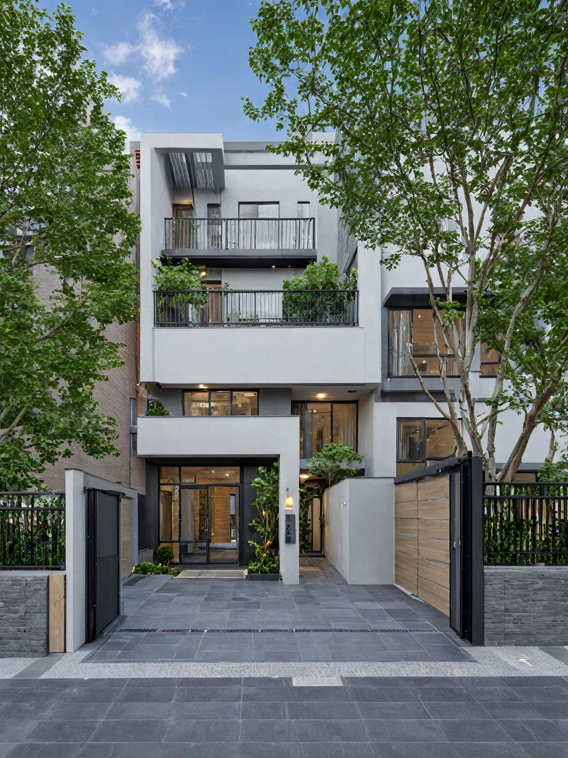 Architectural style, (masterpiece) , (best quality), ((RowHouse)), dramatic lighting, high quality outdoors, sky, day, cloud, tree, blue sky, building, scenery, road, real world location,  sunlight, enough detail, high resolution,super realistic, Photorealistic, highly detailed, balcony, plants, door, gate, paving, . Clean lines, geometric shapes, minimalist, modern, architectural drawing, highly detailed