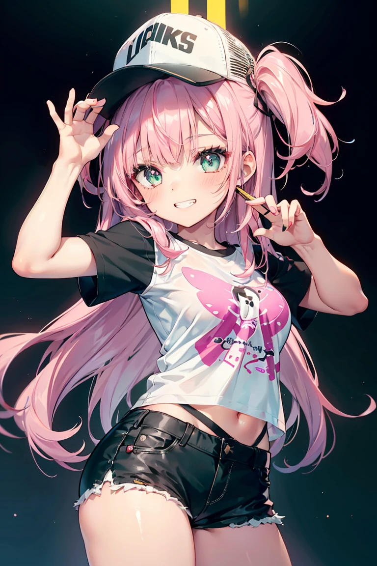 ((1 Girl)), Latest Fashion Trends, Neon Color Fashion, Shorts, Band T-shirts, Trucker Cap, Active, Selfie pose, blush, Open your mouth, Grin, Live Performance Venues, Cowboy Shot,((Very detailed,Highest quality, High resolution, 8k wallpaper, Beautiful clothes,)),((Pink Hair, Long Hair,Straight hair,Side Up)) ,(Deep green eyes),eye shadow, eyeliner,Glowing Eyes, Beautiful Eyes, 18-year-old girl, Five Fingers