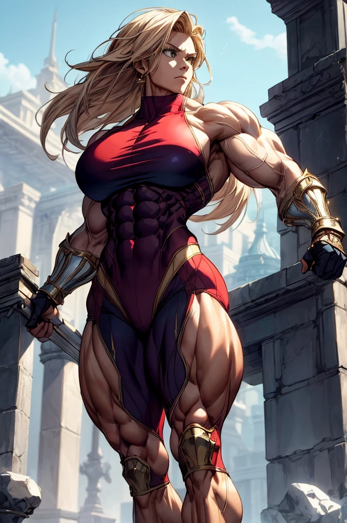 (Best lighting) , (Very intricate details) , 4K Integration, (Super fine CG: 1.2) , (8K: 1.2),(original), (masterpiece) , (Highest quality),(masterpiece:1.4),((Full images))、Anime-ish high quality,(masterpiece),masterpiece, Highest quality, Absurd,((Masterpiece, 4K, 8K, High resolution)),(masterpiece), (Highest quality), (Super detailed), (Very delicate and beautiful), ((Cowboy Shot)), 1 female,
((Female Bodybuilder:1.5)),((A woman with a muscular chest like a male bodybuilder)), Temple Background,((Beautiful woman)),((Woman warrior)),(((Full body image:1))),from frontknight girl,Brave and resolute attitude,((Metal armor)),(Plate Mail),(Metal armor shaped like pectoral and abdominal muscles), Heavy armor, Metal Reflection,Castle Background,medieval setting,Soft sunlight,Fluttering Cloak、Brave pose,Strength and elegance,Solemn atmosphere,Powerful aura,((The Queen's Appearance))、Determined jawline,((Queen of muscle mass surpassing that of men))、(Huge muscular physique),(Protruding veins),(Strong arms with bulging biceps)、Six-pack、((Thick, muscular legs))、Overflowing with incredible strength、Muscles bulging out from under the force of force all over the body、Graceful Movement,(A commanding presence),(Poses that show off their monstrous power),Dynamic configuration,Vibrant colors,Perfect balance,Light and shadow contrast,Down to the smallest thread,Sharpen highlights and shadows,Impressive level textures,Sharp focus,Rich and realistic backgrounds,Magnificence and grandeur,Heroine of the Kingdom,Legendary Warrior,Inspiring and majestic,Dignified and fierce,Guardian of the kingdom,Unstoppable courage,Divine Destiny,Indomitable spirit,Unforgettable beauty,Unwavering Strength