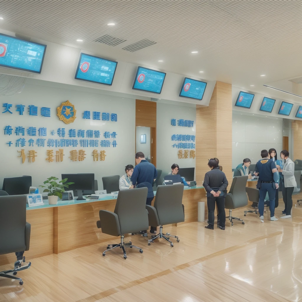 ((masterpiece)),((Highest quality)),Laboratory Space,Jiangnan、 District Police Station, A chin-opening service desk, Digital screen and chairs in waiting area for people, Paper documents, Features, Neighborhood Committee, Logo, blue, People standing around,blender,OC Renderer,C4D,3d,Unreal Engine,Adding details,Extremely high resolution,