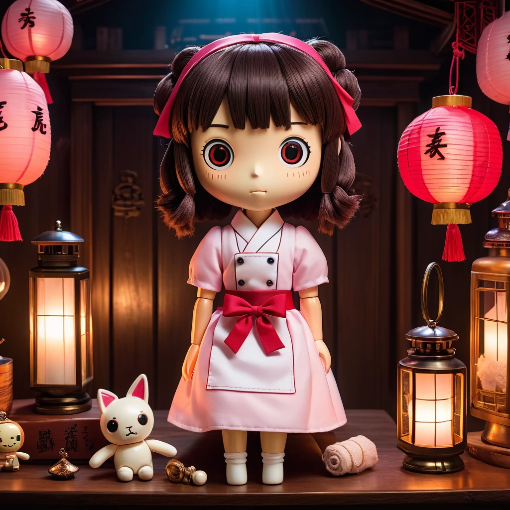 (knitted toy voodoo doll:1.7), (voodoo in the form of Chihiro Ogino from Spirited Away:1.3), (clothing: pink work uniform with white apron and red bow:1.0), (accessories: enchanted bath token that emits a soft glow, floating soot perfume:1.1), (background: mystical bathhouse with lanterns, ornate architecture and otherworldly atmosphere:1.2), best quality, masterpiece, detailed soft oil painting, detailed background, dramatic cinematic lighting, soft edge lighting, professional, dramatic lighting, hard edge lighting, ultra quality, 4k,masterpiece, best quality, 8k, ultra highres, highres, extremely detailed