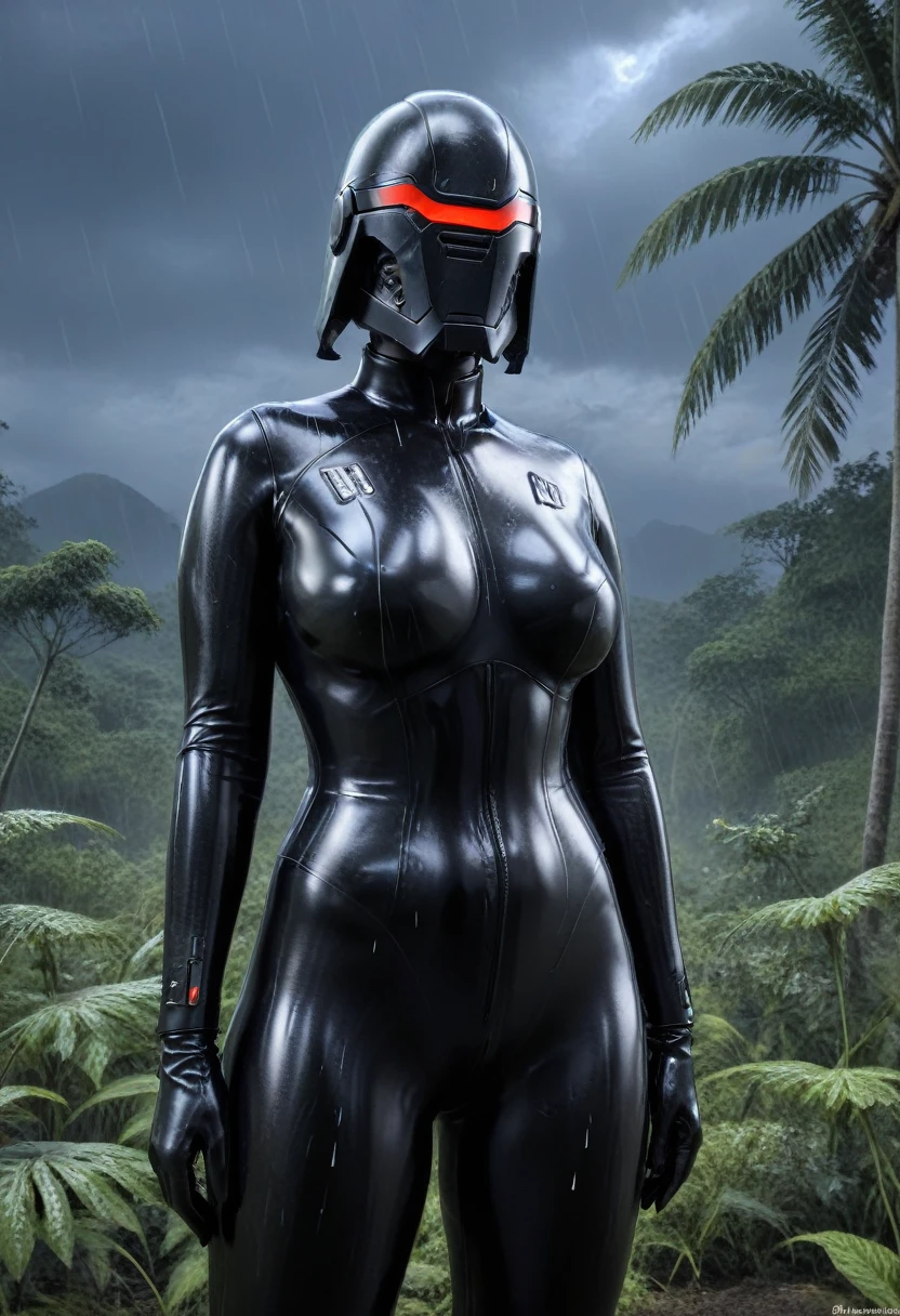 zPDXL, source_anime, BREAK Trilla, helmet with red visor, , armor,black gloves,tight bodysuit,,black pants, BREAK close-up, solo, standing, front view, medium breasts, , wide hips, BREAK x3dce, 3d, jungle background, dense vegetation, rain, night, night sky,
