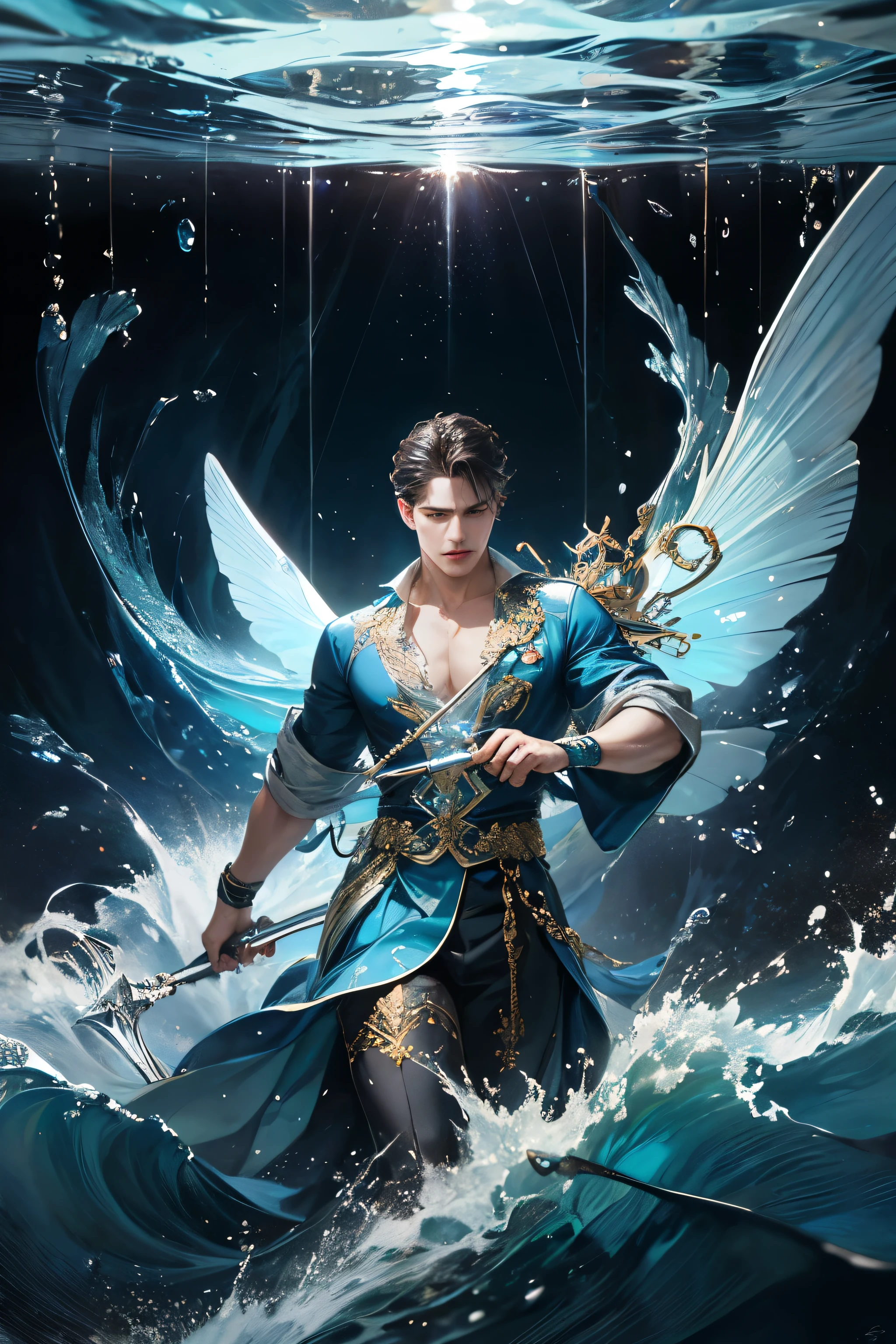 "Create an ultra-realistic image of a strikingly handsome male fairy with large, graceful wings that reflect the essence of water and waves. He should be holding a water staff that radiates the energy of flowing water. Dress him in an elegant, dark blue outfit that captures the depth and mystery of the ocean. Surround him with elements of water, such as dynamic waves and cascading waterfalls, to highlight his connection to this element. Include a distinct water symbol or design on his body, indicating his role as the keeper of water and the deep ocean, showcasing the powerful aquatic energy he embodies within him."