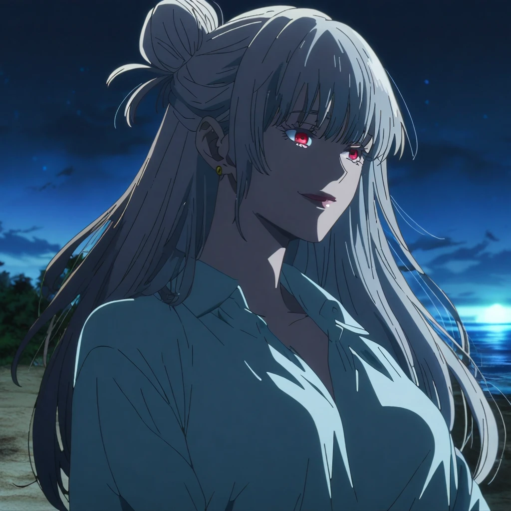 1girl, female gojo satoru, anime screencap from jujutsu kaisen, gojo satoru female version, solo, long_hair, Red eyes (silver_hair)), night view, (hanging breasts) upper_body, smile, indoors, book, red_eyes, lips, (hair bun) ((wearing Shirt, beach view)) breast, "very detailed and high resolution" (Red eyes) (cross arms)  ((long hair, hair bun, loose tendrils )) ((solo)) (front view) (earings) ((high resolution)) ((good quality)) ((side bangs))