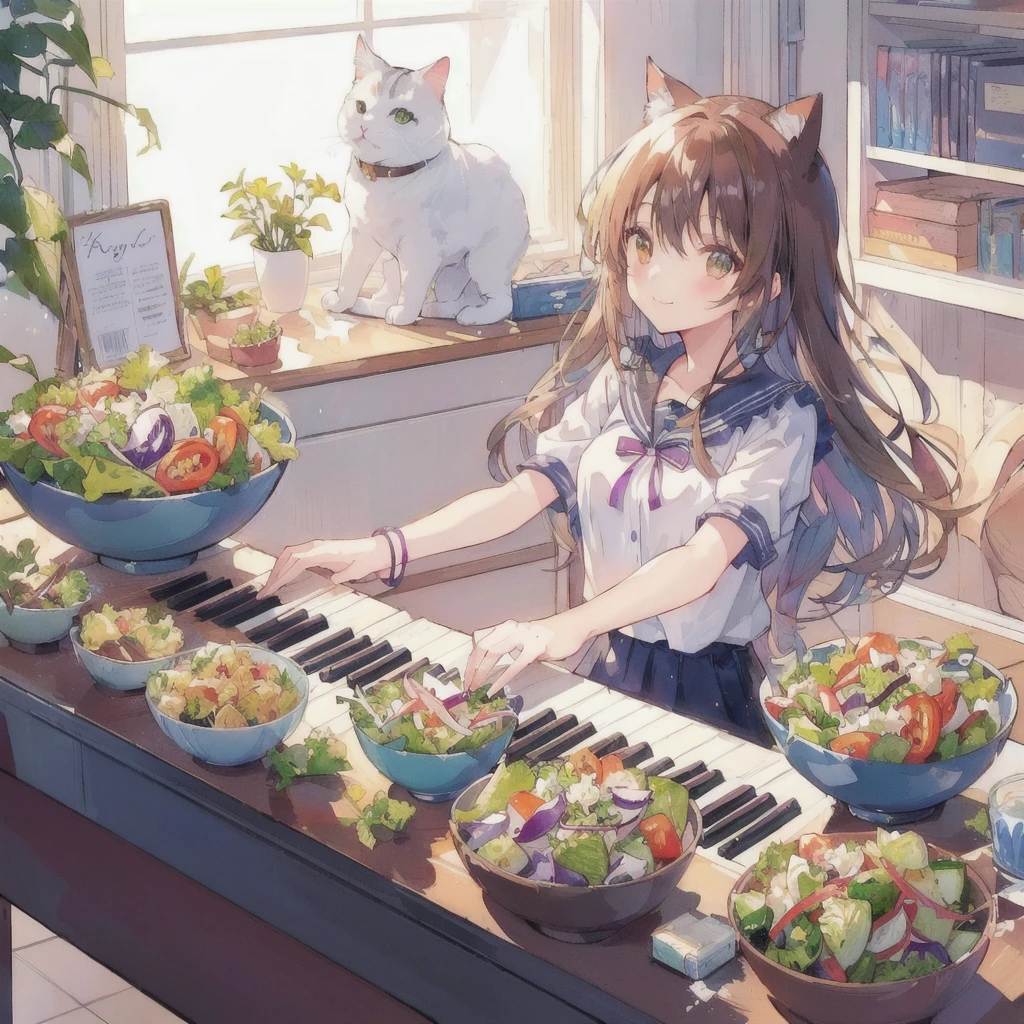 Anime girl playing piano with a bowl of vegetable salad and a cat, smile,80s atmosphere,Lo-fi Girl, Lofi Art, Portrait of Rofi, Lofi Artstyle, Lofi Color, Cool vibes, Anime Style 4k, Anime atmosphere, Cool vibe, lofi album art, Chill Hop, Lo-fi feeling, Lo-fi art, Lo-fi Girl aesthetic