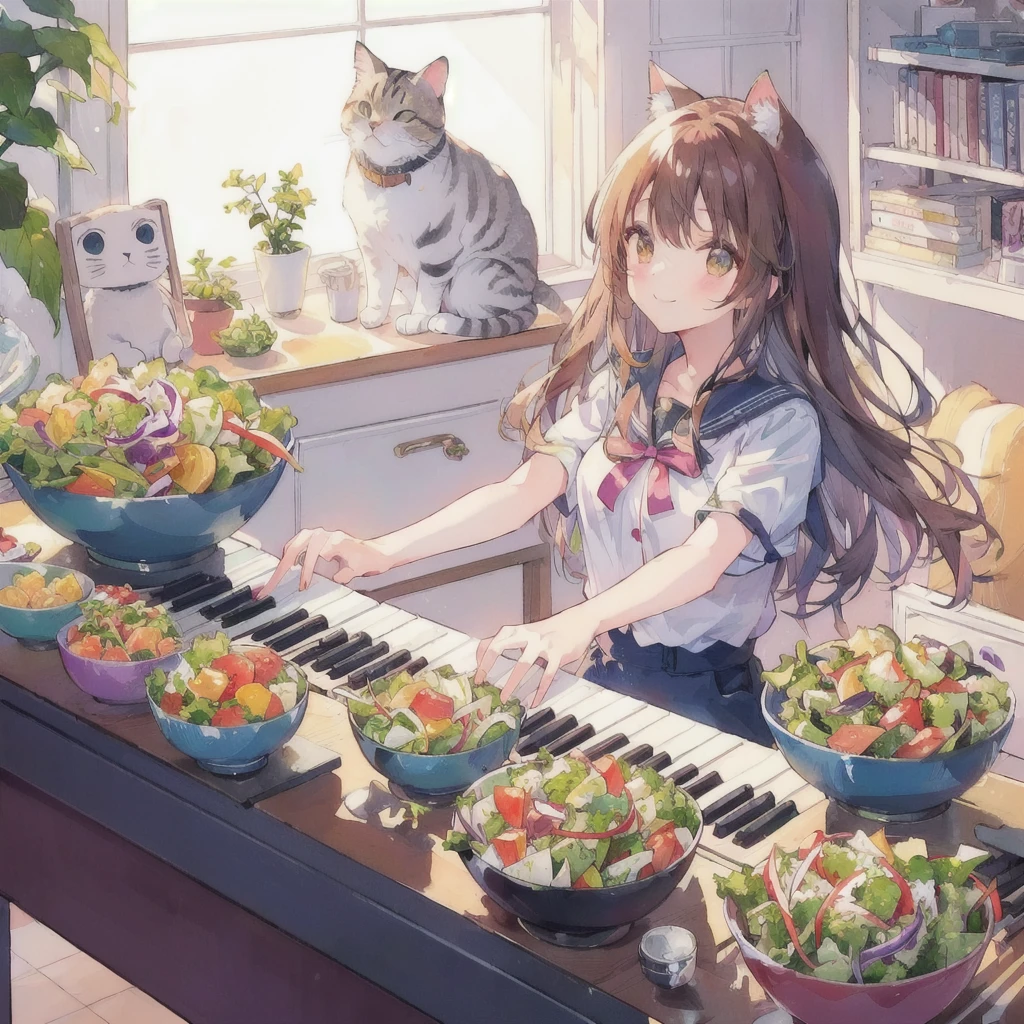 Anime girl playing piano with a bowl of vegetable salad and a cat, smile,80s atmosphere,Lo-fi Girl, Lofi Art, Portrait of Rofi, Lofi Artstyle, Lofi Color, Cool vibes, Anime Style 4k, Anime atmosphere, Cool vibe, lofi album art, Chill Hop, Lo-fi feeling, Lo-fi art, Lo-fi Girl aesthetic