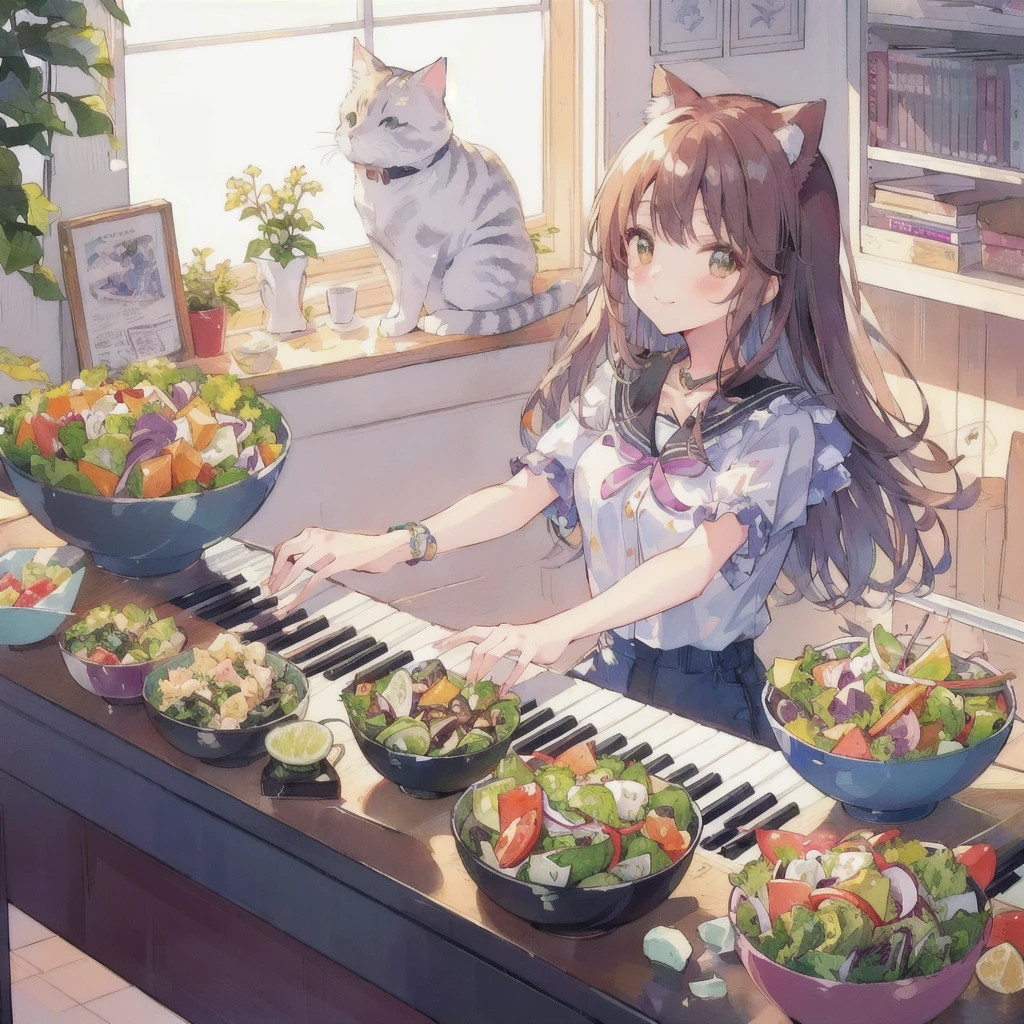 Anime girl playing piano with a bowl of vegetable salad and a cat, smile,80s atmosphere,Lo-fi Girl, Lofi Art, Portrait of Rofi, Lofi Artstyle, Lofi Color, Cool vibes, Anime Style 4k, Anime atmosphere, Cool vibe, lofi album art, Chill Hop, Lo-fi feeling, Lo-fi art, Lo-fi Girl aesthetic