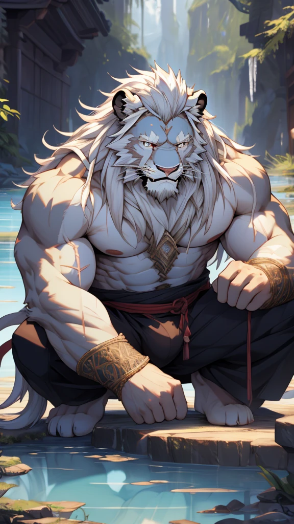 (masterpiece),(highres),(intricate details:1.4),extremely detailed,(illustration:1.2),8k,photorealistic,exquisite,solo,aged,elder male lion ,muscular,swordsman,manhood ,safeguard,(white hair:1.3),long hair,long white beard,scar,badly damaged,hurt,broken body ,the icey frozen lake,bleeding ,suffering,naked body ,crouching bulge,sexy