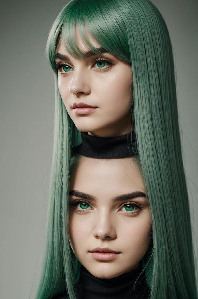 A girl with long soft green hair with emerald doe eyes and a pinkish lips while wearing a black turtleneck with a power of telekinesis