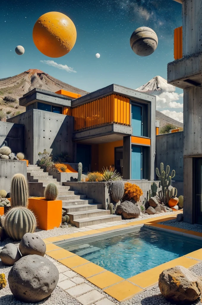An illustration in collage style, with giant boulders, brutalist building sections, terraces, stairs, cacti, agave, concrete texture, multiple geometric shapes, hatch and cross hatching, planet saturn, volcano, moon, Luis Barragán's architectural style build, milky way galaxy, violet, one motorcycle, An illustration in collage style, with giant boulders, brutalist building sections, stairs, cacti, agave, concrete texture, multiple geometric shapes, hatch and cross hatching, planet saturn, volcano, moon, Luis Barragán's architectural style build, reflective pool, terraces. An elegant and modern build, in top of big boulders, with terraces, materials concrete, wood, steel and crystal, various gardens with tropical vegetation, cacti and rocks, stairs, a pool. In middle of sea, a big wave near, sunset, mountains and a volcano in the horizont, cute islands around, illustration format, cute color palette, detailed, masterpiece, award-winning work, clouds, Illustration, a garden with abundant cacti, ((various organic sculptures)), ((big rocks)), (((multiple sectionsAn illustration in collage style, with giant boulders, brutalist building sections, terraces, stairs, cacti, agave, concrete texture, multiple geometric shapes, hatch and cross hatching, planet saturn, volcano, moon, Luis Barragán's architectural style build, milky way galaxy, violet, one motorcycle, An illustration in collage style, with giant boulders, brutalist building sections, stairs, cacti, agave, concrete texture, multiple geometric shapes, hatch and cross hatching, planet saturn, volcano, moon, Luis Barragán's architectural collage style, detailed, (((color palette (olive green), (Mustard orange), cool grey, ((blue)), black and white))), (((a lot Luis barragán's architecture style builds))) big clouds, volcano in horizon, stairs, in the desert. ((masterpiece, best quality)),illustration,ultra detailed 8k, ((Ori Toor visual style)),soviet, megabuildings, megastructures, buildings, organic steel sculpture
