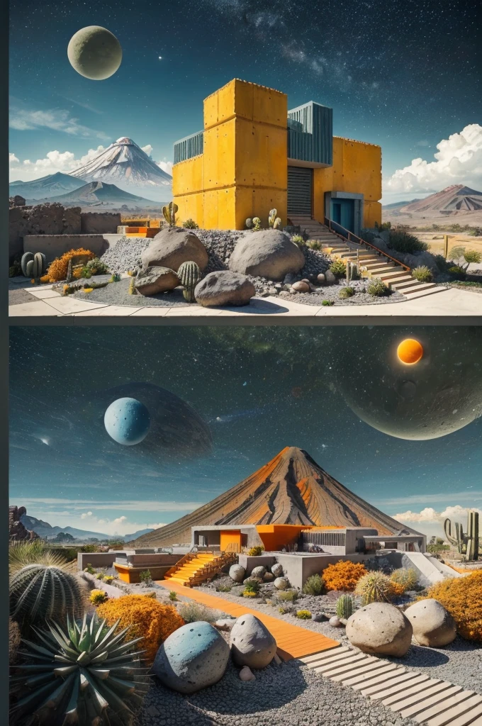 An illustration in collage style, with giant boulders, brutalist building sections, terraces, stairs, cacti, agave, concrete texture, multiple geometric shapes, hatch and cross hatching, planet saturn, volcano, moon, Luis Barragán's architectural style build, milky way galaxy, violet, one motorcycle, An illustration in collage style, with giant boulders, brutalist building sections, stairs, cacti, agave, concrete texture, multiple geometric shapes, hatch and cross hatching, planet saturn, volcano, moon, Luis Barragán's architectural style build, reflective pool, terraces. An elegant and modern build, in top of big boulders, with terraces, materials concrete, wood, steel and crystal, various gardens with tropical vegetation, cacti and rocks, stairs, a pool. In middle of sea, a big wave near, sunset, mountains and a volcano in the horizont, cute islands around, illustration format, cute color palette, detailed, masterpiece, award-winning work, clouds, Illustration, a garden with abundant cacti, ((various organic sculptures)), ((big rocks)), (((multiple sectionsAn illustration in collage style, with giant boulders, brutalist building sections, terraces, stairs, cacti, agave, concrete texture, multiple geometric shapes, hatch and cross hatching, planet saturn, volcano, moon, Luis Barragán's architectural style build, milky way galaxy, violet, one motorcycle, An illustration in collage style, with giant boulders, brutalist building sections, stairs, cacti, agave, concrete texture, multiple geometric shapes, hatch and cross hatching, planet saturn, volcano, moon, Luis Barragán's architectural collage style, detailed, (((color palette (olive green), (Mustard orange), cool grey, ((blue)), black and white))), (((a lot Luis barragán's architecture style builds))) big clouds, volcano in horizon, stairs, in the desert. ((masterpiece, best quality)),illustration,ultra detailed 8k, ((Ori Toor visual style)),soviet, megabuildings, megastructures, buildings, organic steel sculpture