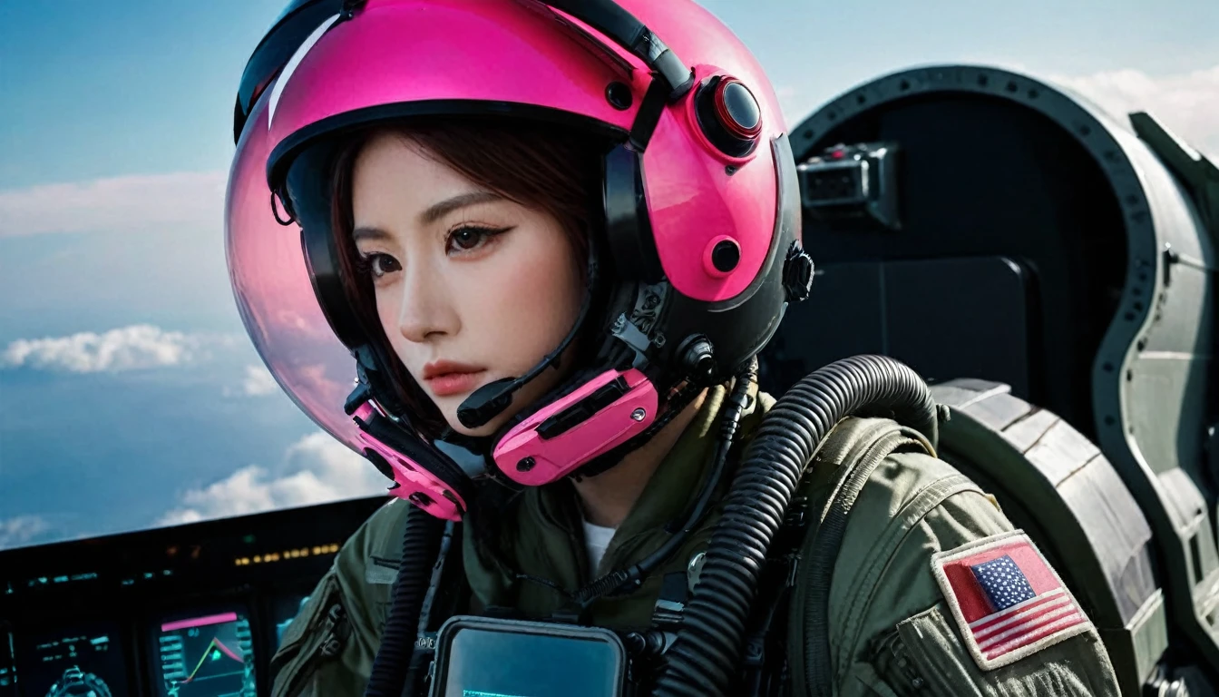 One girl, (Beautiful Face), Female fighter jet pilot, Holding a pilot pink helmet with LED interactive screen and HUD head up display on the visor, Visor-displayed targeting system, Communication Systems, Red Glasses、Open the visor, Sexy pose, Floating Hair, Are standing, (Upper thigh shot:1.3), DT Helmets, Pink combat suit, Advanced Fighter Background, (Intricate details), High resolution, (Intricate details, Ultra-detailed:1.2), Cinematic shots, ((masterpiece, high quality, 最high quality, Official Art, Beautiful and aesthetic, Detailed face, Fine grain)),