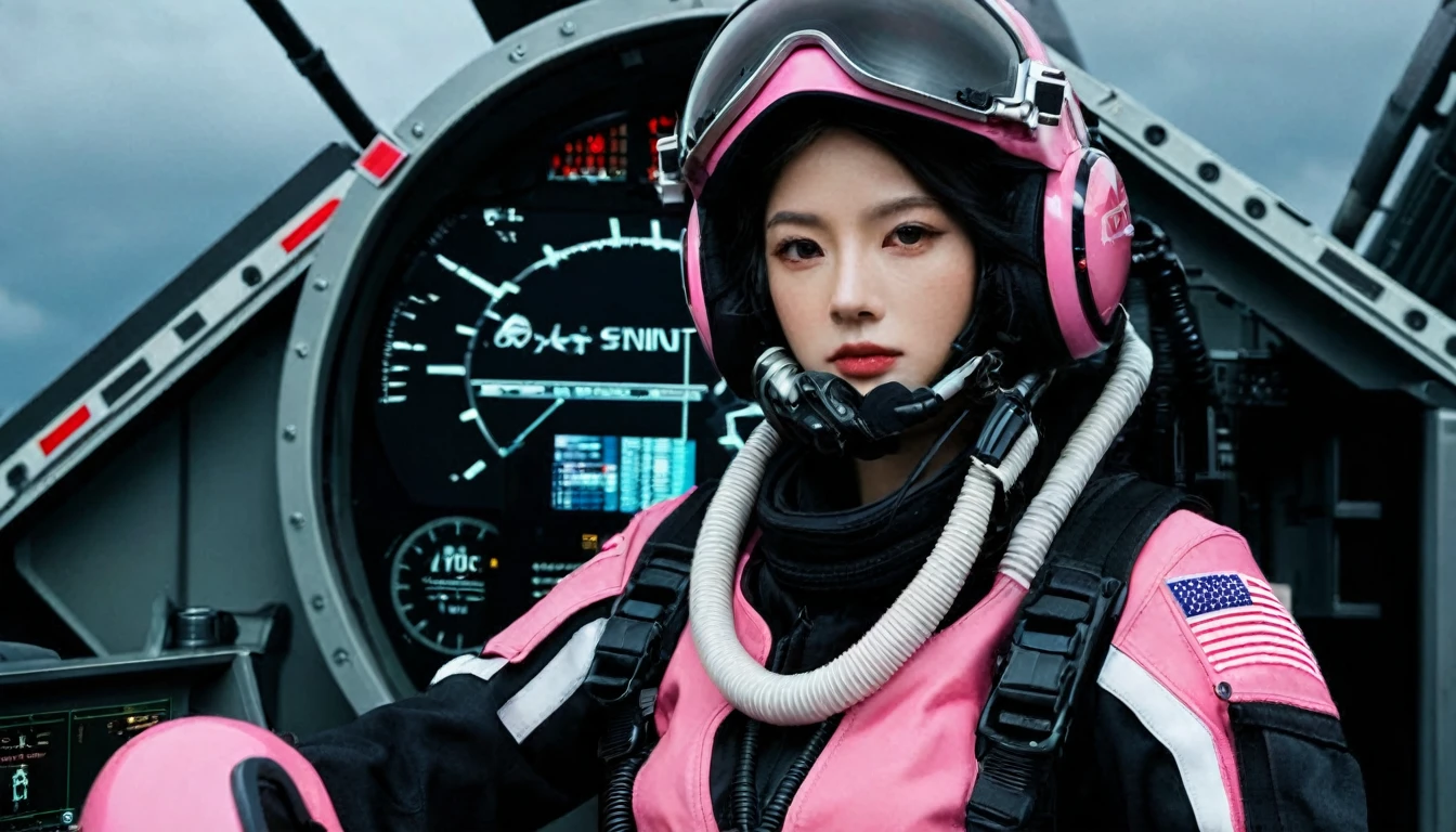 One girl, (Beautiful Face), Female fighter jet pilot, Holding a pilot pink helmet with LED interactive screen and HUD head up display on the visor, Visor-displayed targeting system, Communication Systems, Red Glasses、Open the visor, Sexy pose, Floating Hair, Are standing, (Upper thigh shot:1.3), DT Helmets, Pink combat suit, Advanced Fighter Background, (Intricate details), High resolution, (Intricate details, Ultra-detailed:1.2), Cinematic shots, ((masterpiece, high quality, 最high quality, Official Art, Beautiful and aesthetic, Detailed face, Fine grain)),