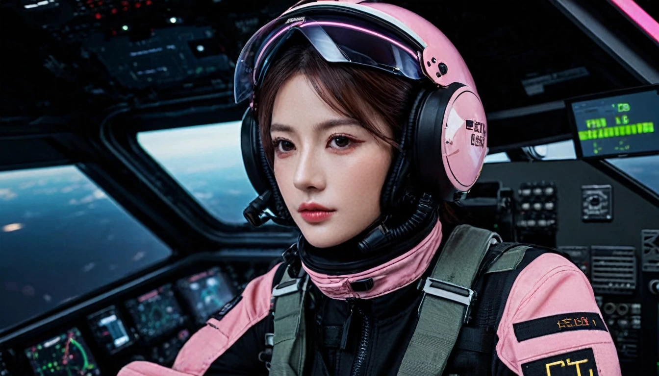 One girl, (Beautiful Face), Female fighter jet pilot, Holding a pilot pink helmet with LED interactive screen and HUD head up display on the visor, Visor-displayed targeting system, Communication Systems, Red Glasses、Open the visor, Sexy pose, Floating Hair, Are standing, (Upper thigh shot:1.3), DT Helmets, Pink combat suit, Advanced Fighter Background, (Intricate details), High resolution, (Intricate details, Ultra-detailed:1.2), Cinematic shots, ((masterpiece, high quality, 最high quality, Official Art, Beautiful and aesthetic, Detailed face, Fine grain)),