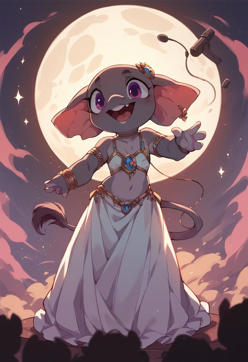 young anthropomorphic elephant girl wearing a very elegant dress and singing on a stage with a full moon