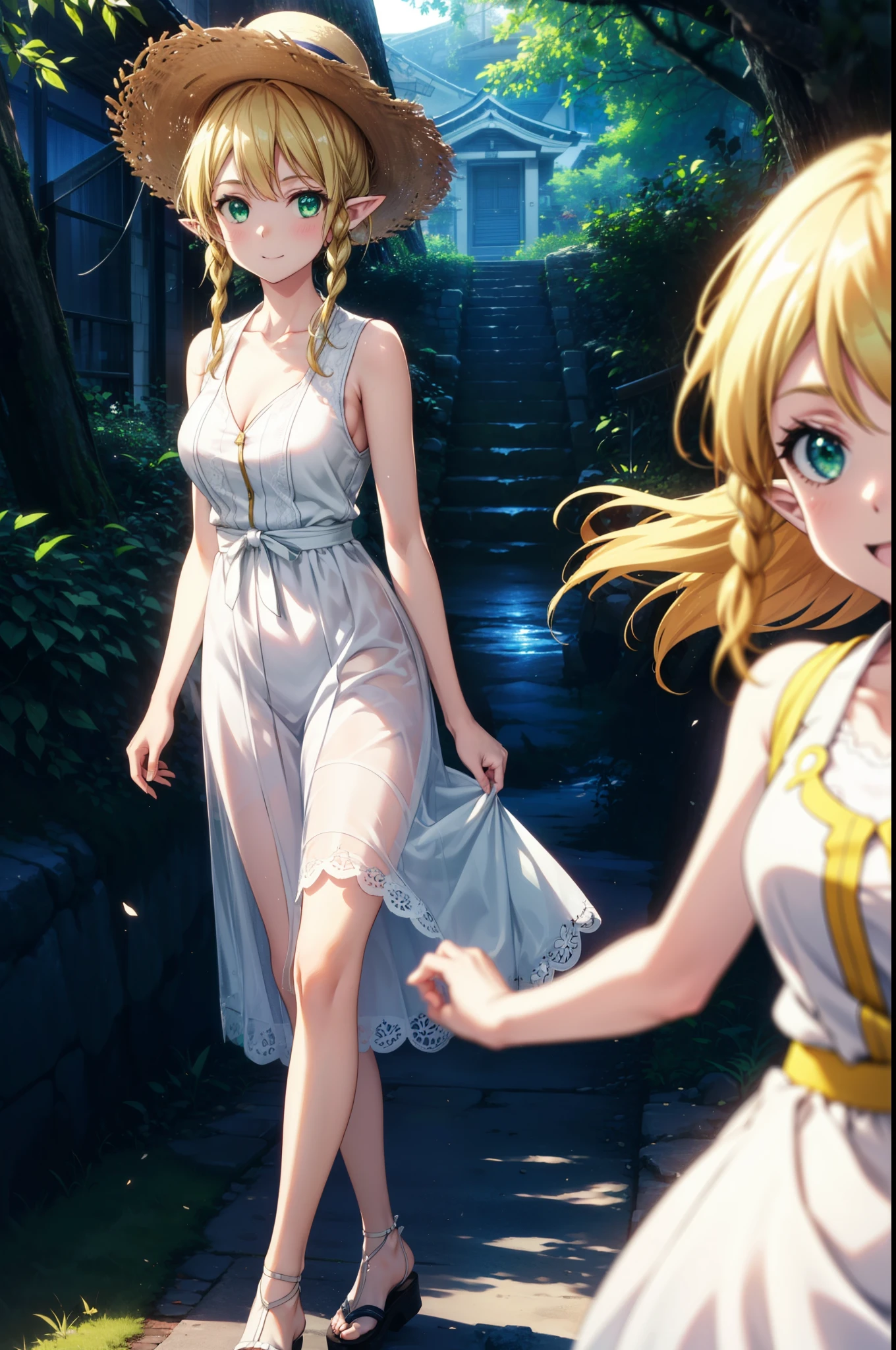 Suguhakirigaya, Suguhakirigaya, Long Hair,Blonde,Green Eyes,Pointy Ears,Short braids,happy smile, smile, Open your mouth,Big Breasts,White straw hat,White sleeveless dress, bare arms,Green long skirt,Cute Sandals,Walking,Clear skies,whole bodyがイラストに入るように,
break outdoors, nature, forest,
break looking at viewer, whole body,
break (masterpiece:1.2), Highest quality, High resolution, unity 8k wallpaper, (shape:0.8), (Beautiful attention to detail:1.6), Highly detailed face, Perfect lighting, Extremely detailed CG, (Perfect hands, Perfect Anatomy),