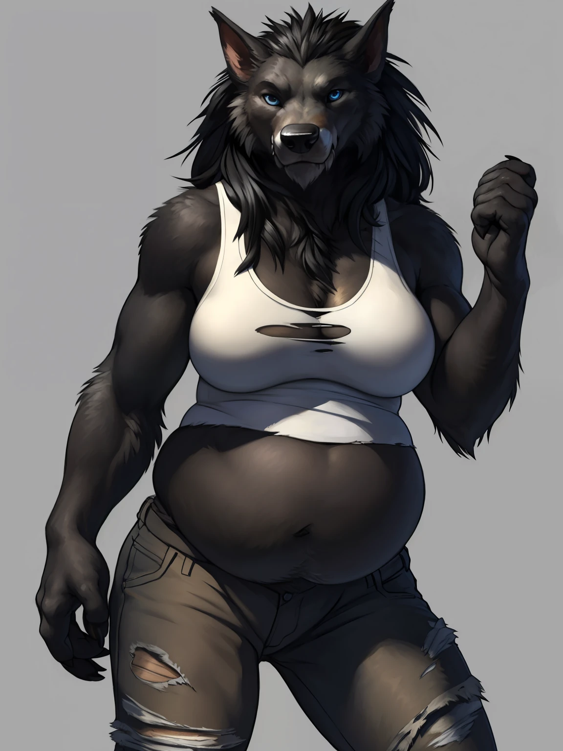 solo, ultra detailed), a beautiful and detailed full size portrait of a female anthro, canid, worgen, ((black body, dark skin, fur, long hair, black hair)), big body, adult, mature, fur, non-mammal breasts, looking at viewer, blue eyes, detailed background, looking at viewer, detailed eyes, sexy body, goddess, chubby body, chubby belly, (weightchubby:1.8), kenket, Ross Tran,ruan jia, trending on artstation, foxovh, ((torn white tank top, torn brown pants)), ((front view)), big butt, ((submissive pose)), simple background, grey background