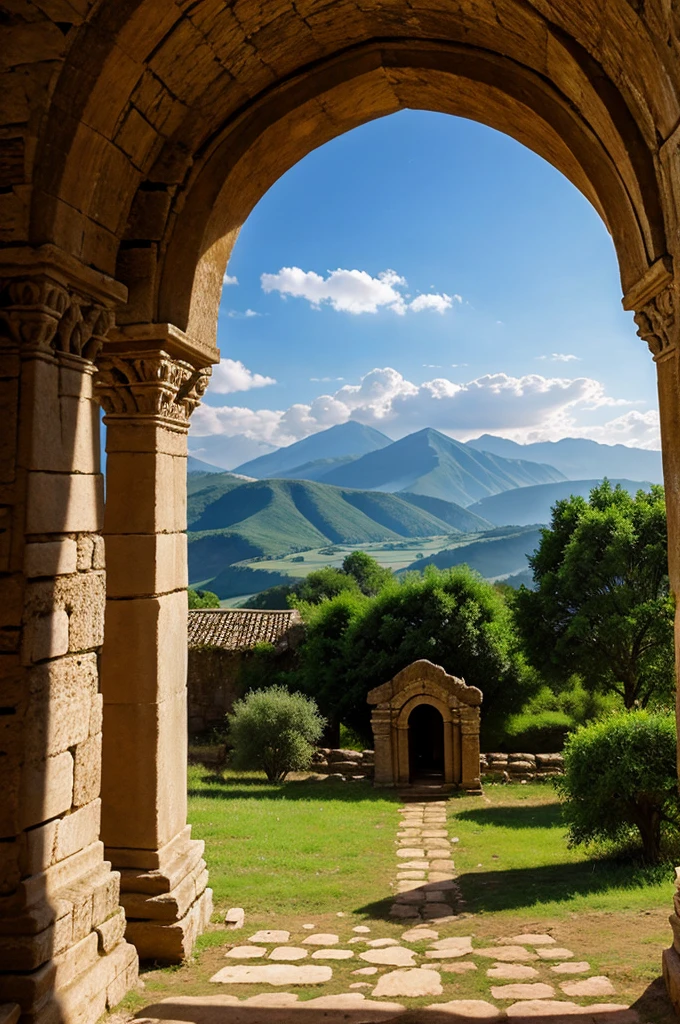 Far away ancient monastery scene