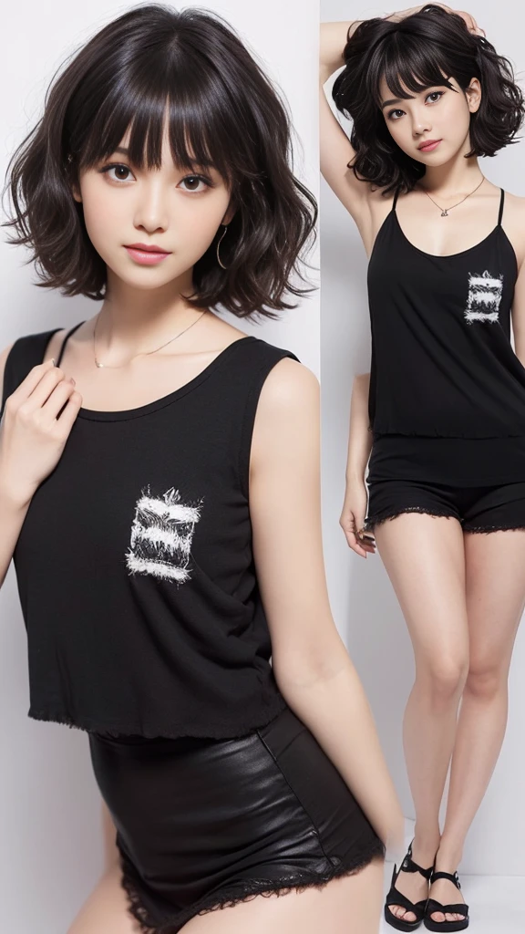 Landscape,Raise your arms,Emphasize the sides,(Highest quality, Very detailed, masterpiece:1.2), 1 women, Very thin body, length, Thin legs, ((Black wavy short layered cut hair hair:1.2)), ((Thick and fluffy bangs)), Very detailedな,((Over Size Tシャツ))