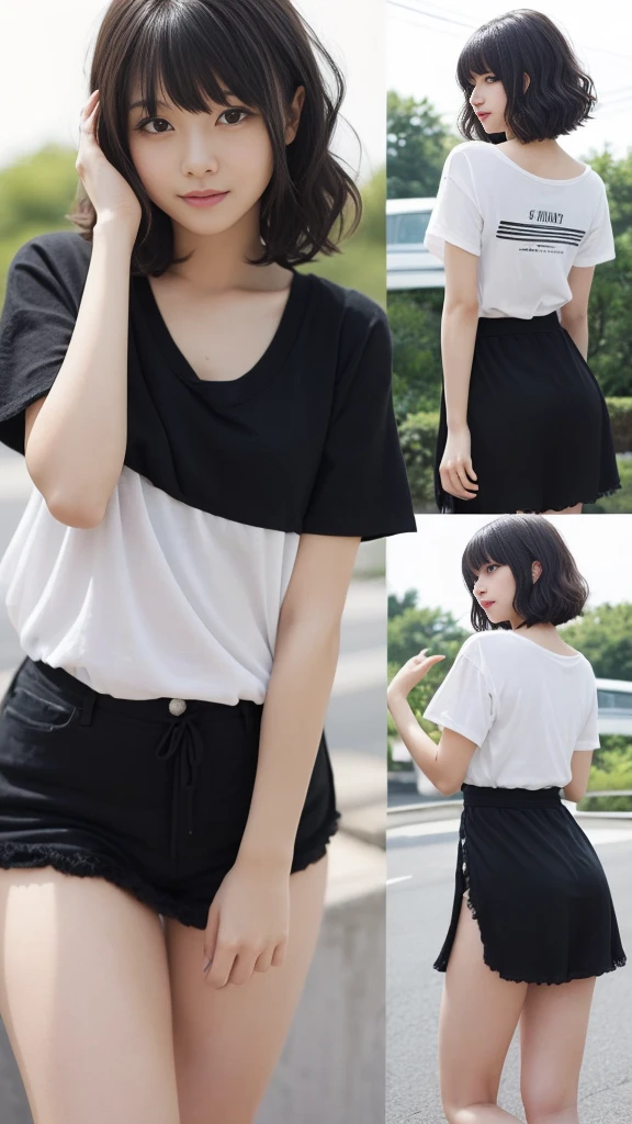 Landscape,Raise your arms,Emphasize the sides,(Highest quality, Very detailed, masterpiece:1.2), 1 women, Very thin body, length, Thin legs, ((Black wavy short layered cut hair hair:1.2)), ((Thick and fluffy bangs)), Very detailedな,((Over Size Tシャツ))