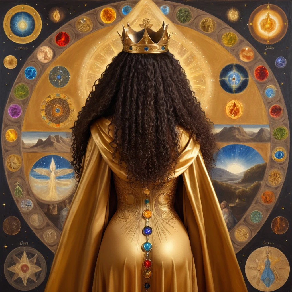 Black woman from the back, long curly hair, with a crown on his head in the British style and a cedar, with a golden cloak with the 7 chakras, luxurious setting, and with art and beautiful elements. She looks and beholds the coosmic golden celestial realms, with astrology elements, renaissance painting, oil painting inspired by leonardo da vinci. 