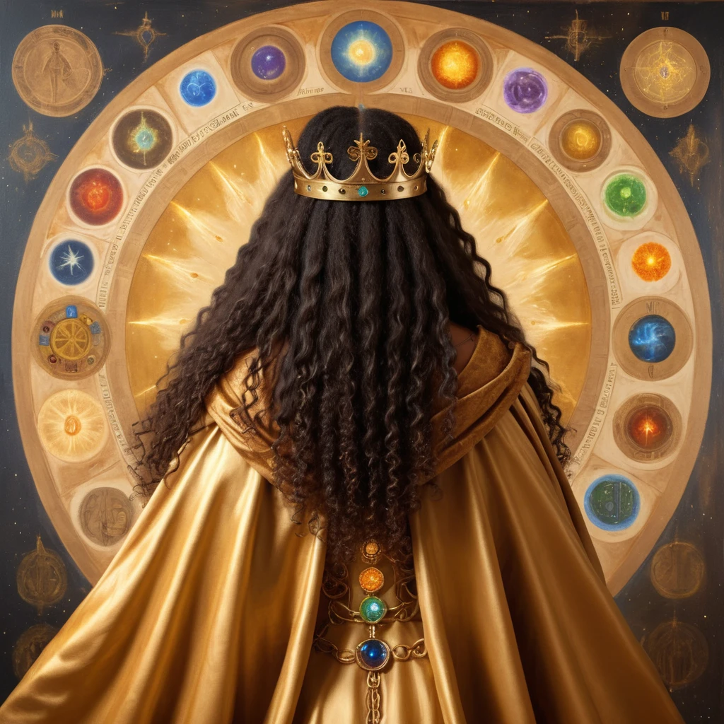 Black woman from the back, long curly hair, with a crown on his head in the British style and a cedar, with a golden cloak with the 7 chakras, luxurious setting, and with art and beautiful elements. She looks and beholds the coosmic golden celestial realms, with astrology elements, renaissance painting, oil painting inspired by leonardo da vinci.
