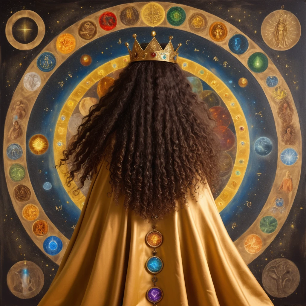 Black woman from the back, long curly hair, with a crown on his head in the British style and a cedar, with a golden cloak with the 7 chakras, luxurious setting, and with art and beautiful elements. She looks and beholds the coosmic golden celestial realms, with astrology elements, renaissance painting, oil painting inspired by leonardo da vinci.