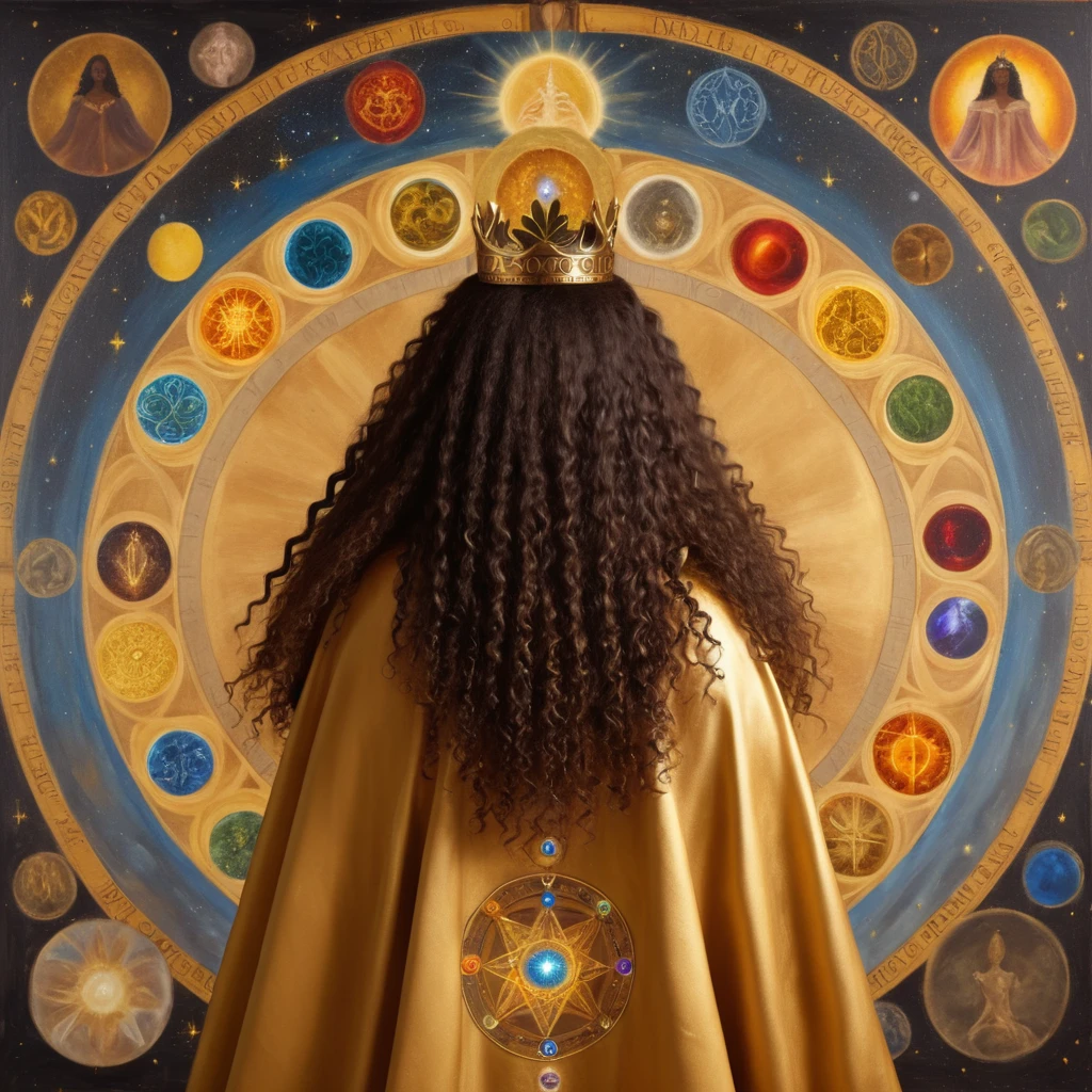 Black woman from the back, long curly hair, with a crown on his head in the British style and a cedar, with a golden cloak with the 7 chakras, luxurious setting, and with art and beautiful elements. She looks and beholds the coosmic golden celestial realms, with astrology elements, renaissance painting, oil painting inspired by leonardo da vinci. 